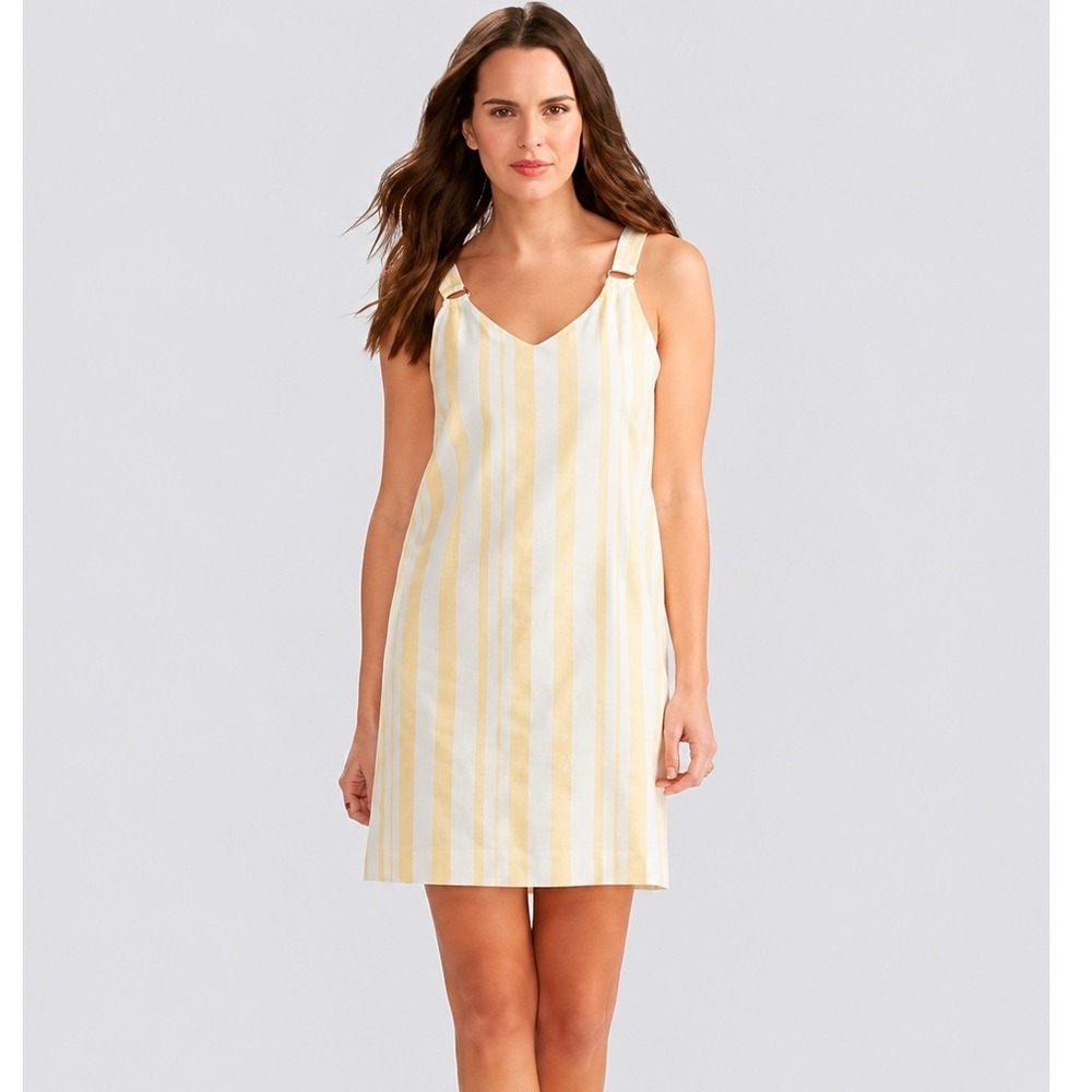 Cato Women's Vertical Stripe Jumper Dress Yellow White L Coastal Preppy